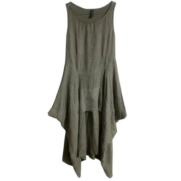 INIZIO 100% Linen Green Tiered Midi Tank Dress Sleeveless Stretch Women’s Medium - Picture 10 of 16